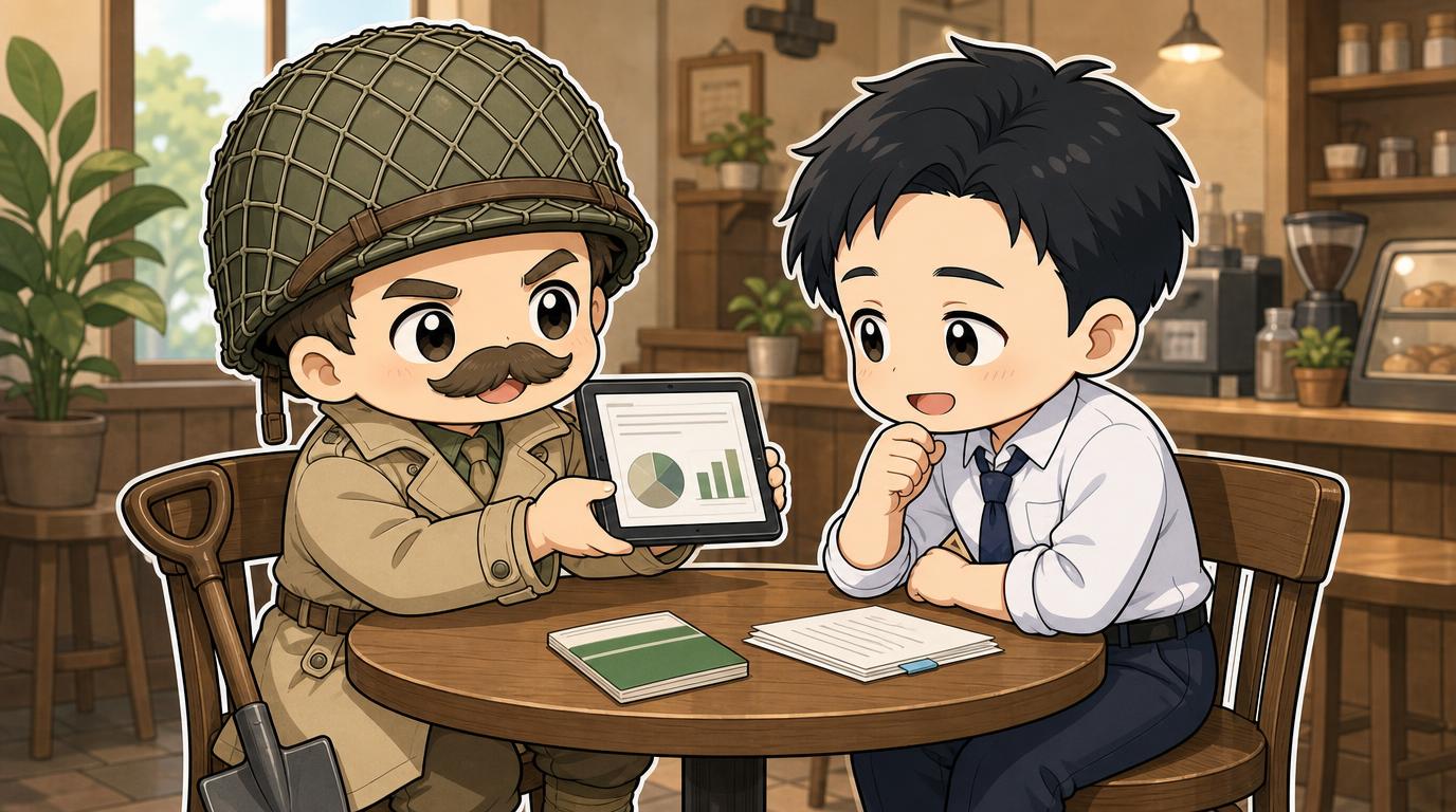 隊長がタブレットで仕組みを見せ、店長が聞いている